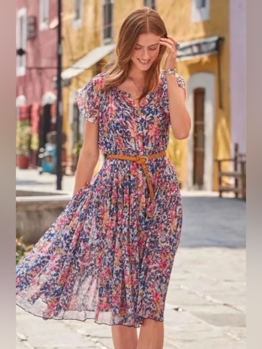 Sundance L Flutter Sleeve Knee Length Button Floral Dress Garden Party Travel